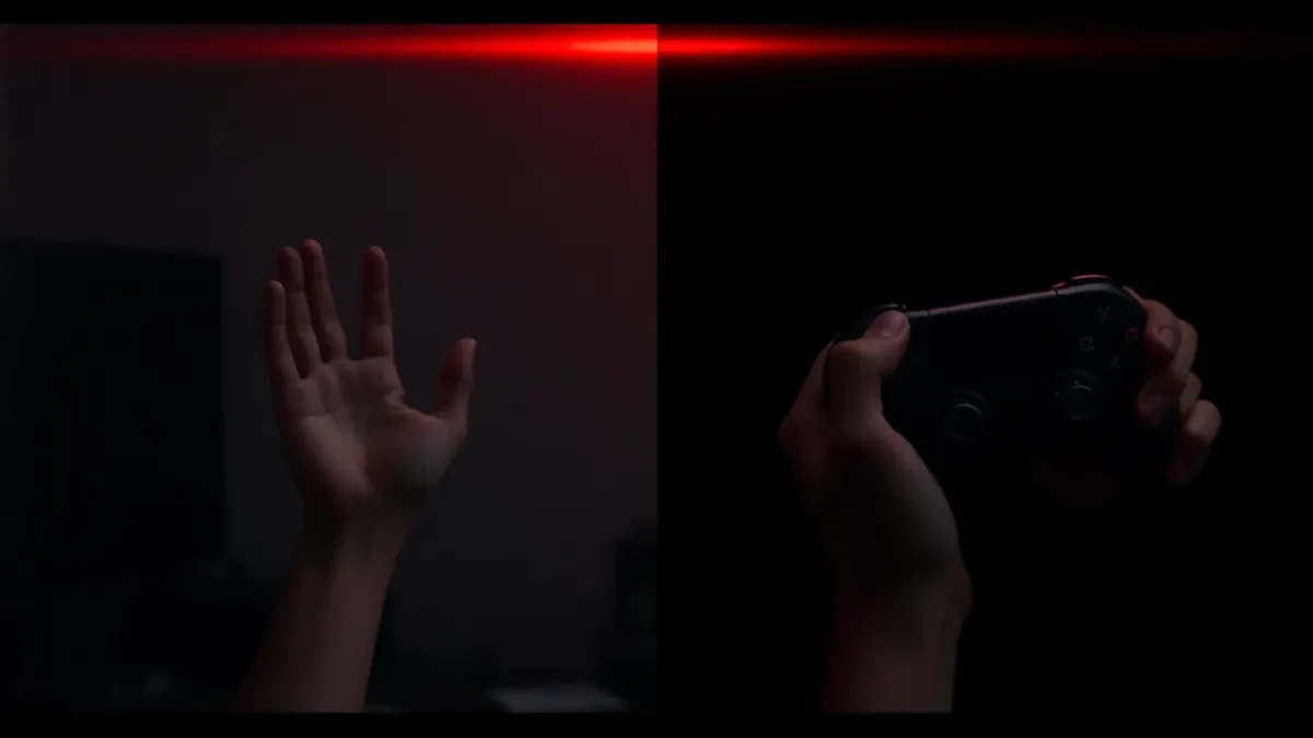 Bare hands and hands holding VR controllers side by side in a dim room