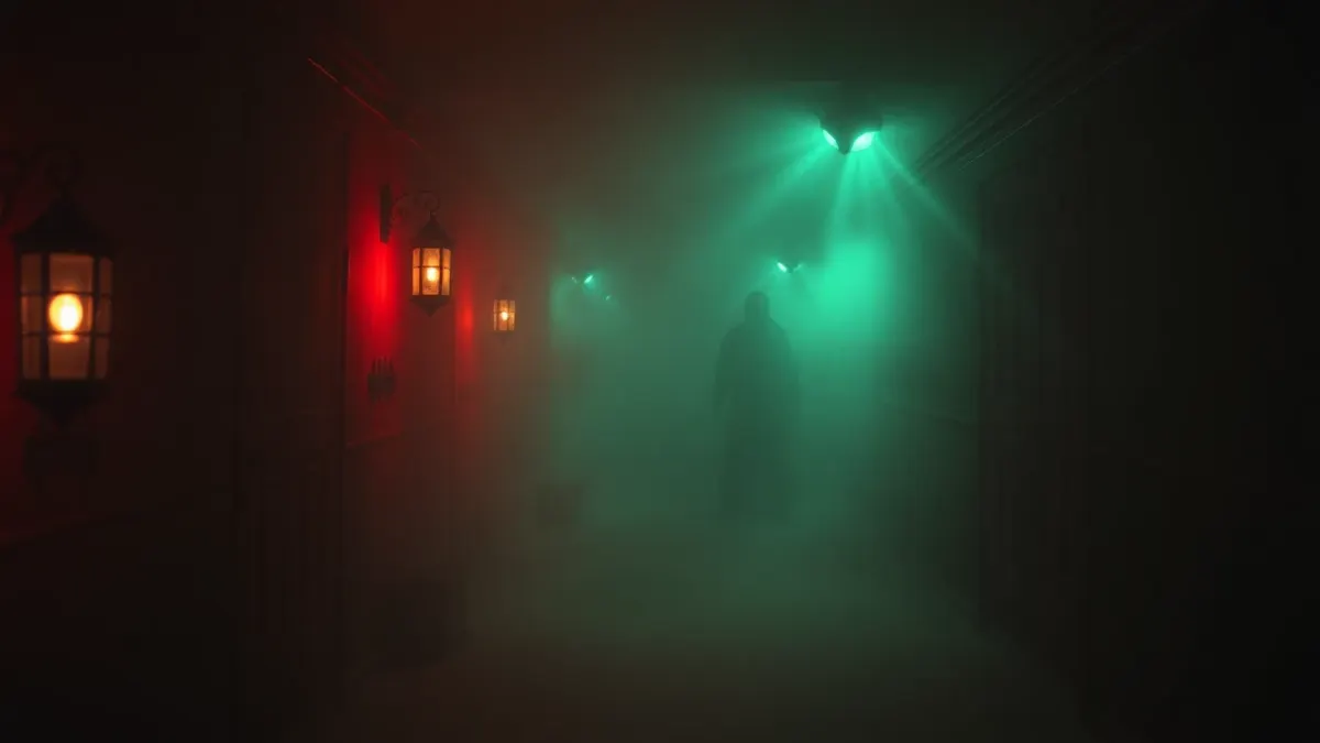 Fog-filled haunted house corridor with a pale silhouette at the far end under flickering lanterns