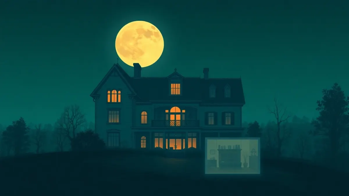 Old mansion on a hill with a faint overlay of a modern living room in front of it