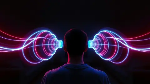 Glowing sound waves travelling through a dark living room toward a player