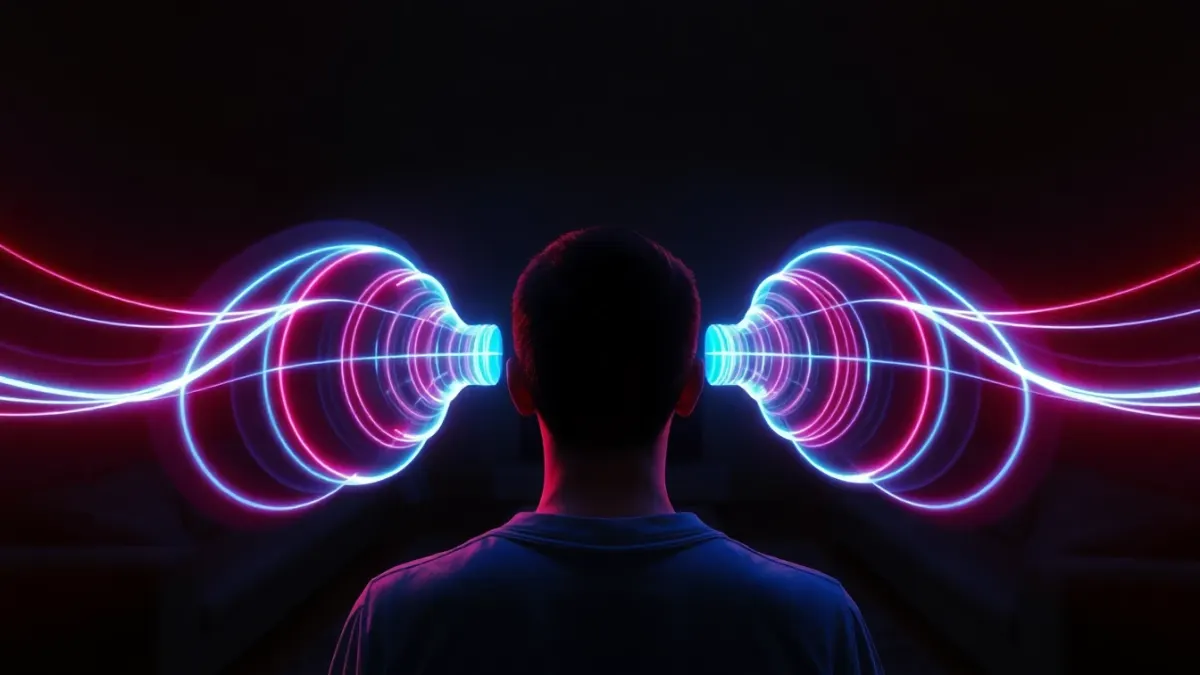 Glowing sound waves travelling through a dark living room toward a player