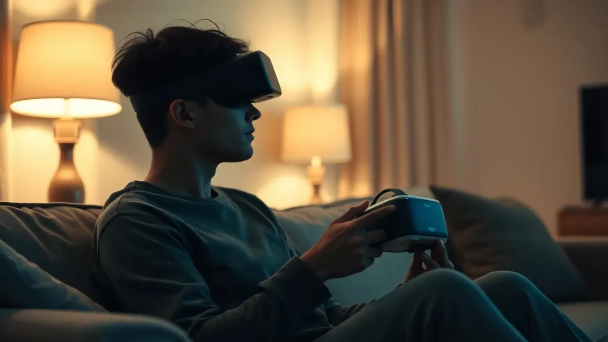 Person sitting on a sofa holding a VR headset thoughtfully before playing