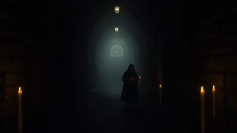 Candlelit stone corridor with a distant figure in a dark habit standing at the end