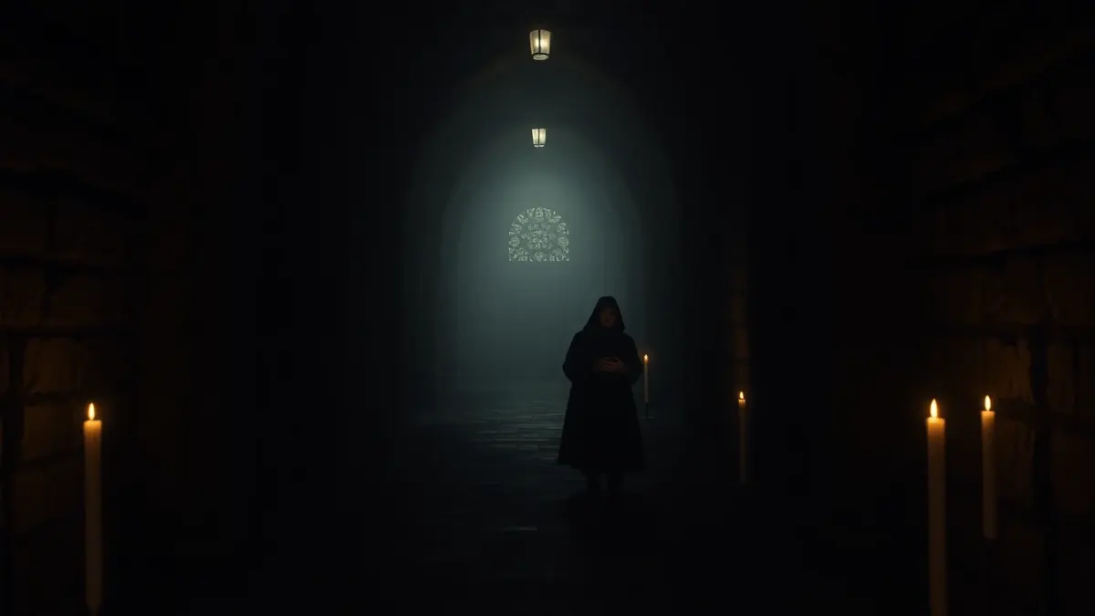 Candlelit stone corridor with a distant figure in a dark habit standing at the end