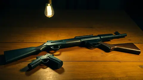 Pistol, shotgun and rifle laid out on a worn wooden table under a bare bulb