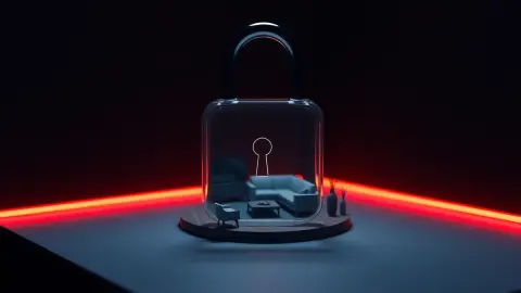 Glass padlock hovering over a miniature dark living room diorama