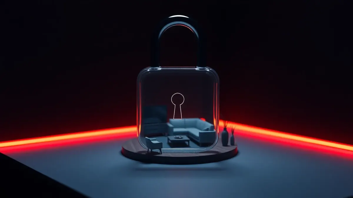 Glass padlock hovering over a miniature dark living room diorama