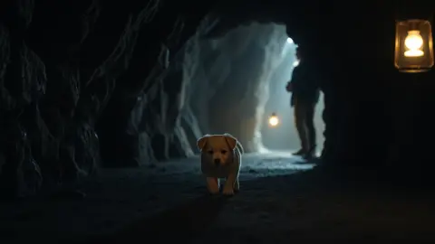 Small puppy leading into a narrow dark cave in a moody scene
