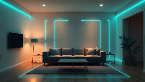 Living room with glowing scan lines mapping walls, floor and sofa for headset room setup