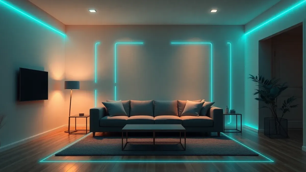 Living room with glowing scan lines mapping walls, floor and sofa for headset room setup