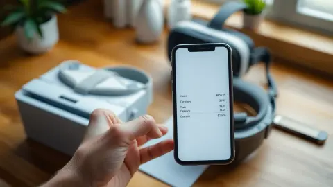Hand holding a phone beside a VR headset on a wooden desk