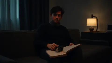 Player sitting on a sofa with headset in lap and a notebook beside them after a hard chapter