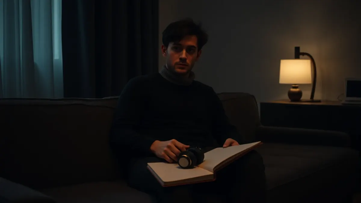 Player sitting on a sofa with headset in lap and a notebook beside them after a hard chapter