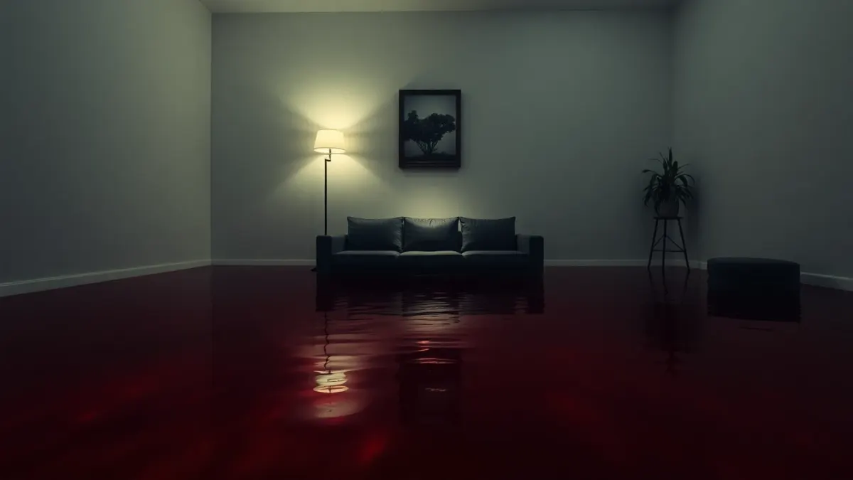 Living room slowly filling with dark red liquid around a sofa