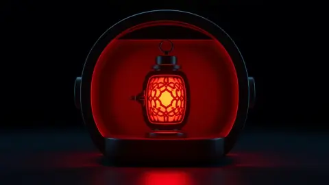 Small glowing lantern inside a dark box shaped like a headset surrounded by floating symbols