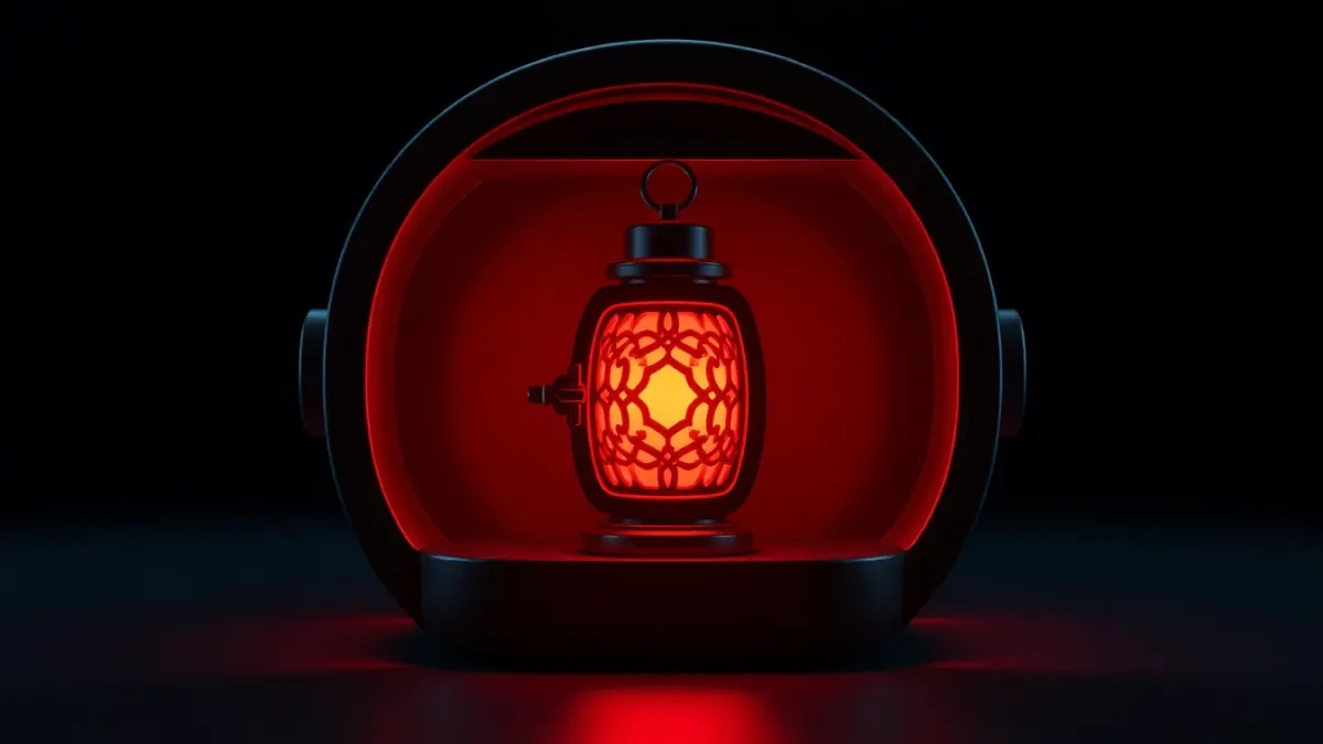 Small glowing lantern inside a dark box shaped like a headset surrounded by floating symbols