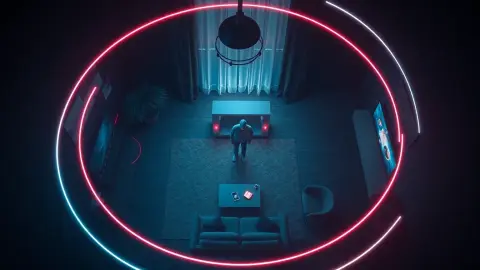 Top-down view of a player in a room with glowing scan lines sweeping in a circle