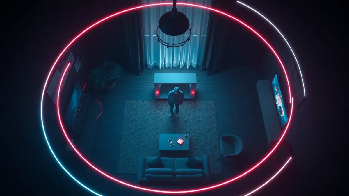 Top-down view of a player in a room with glowing scan lines sweeping in a circle