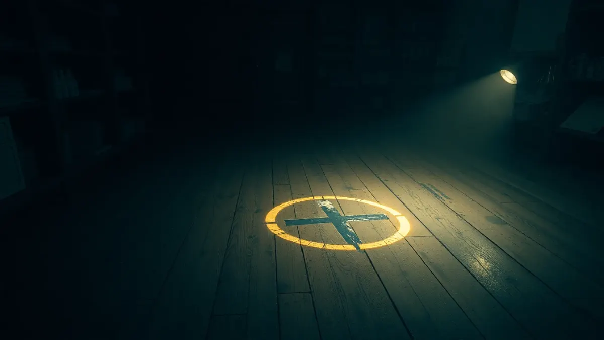 Faint glowing symbol revealed on a dusty floor by a flashlight beam
