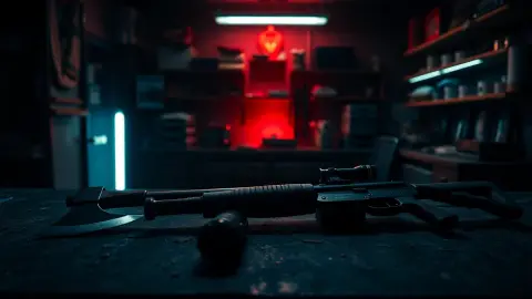 Axe, sword, flashlight and rifle laid out on a dusty shop counter