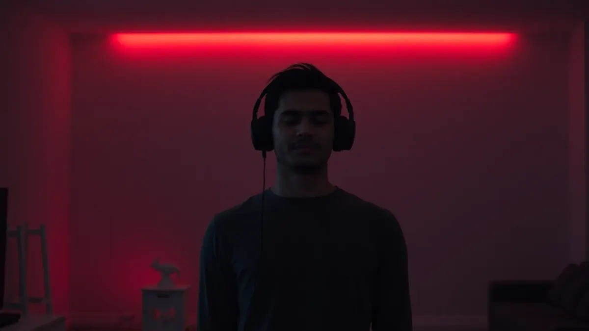 Player standing calmly in a dim living room with a red glow behind them