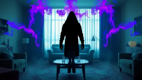 Witch silhouette appearing at several spots around a living room with purple smoke
