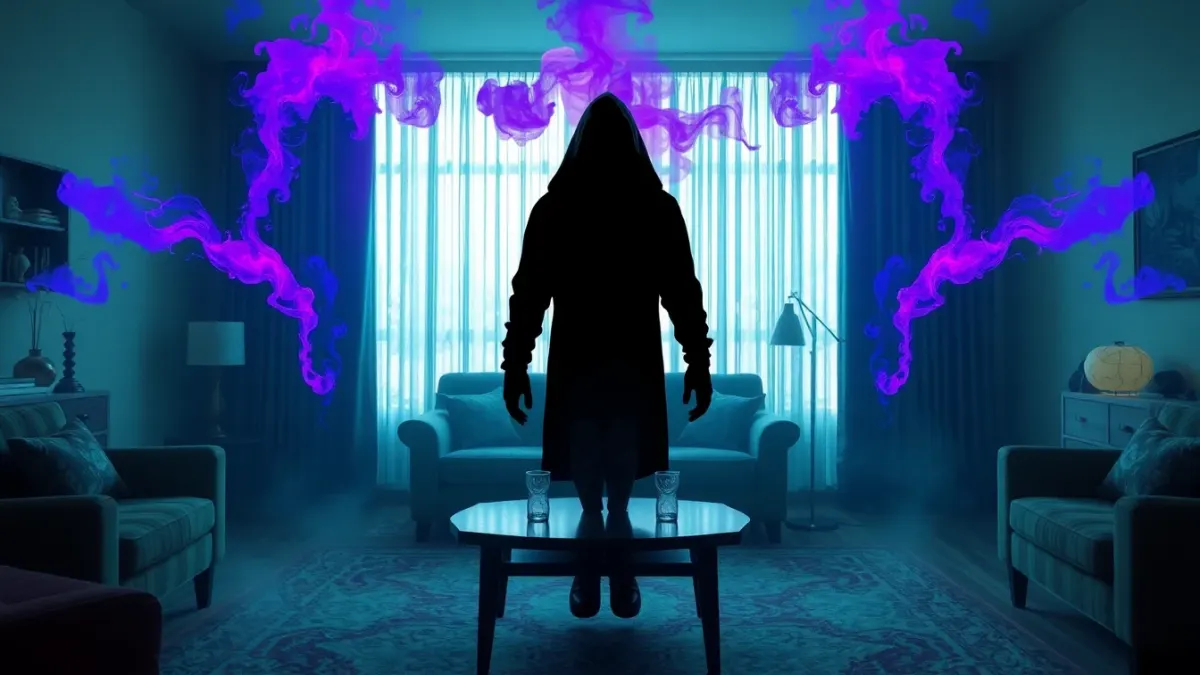 Witch silhouette appearing at several spots around a living room with purple smoke