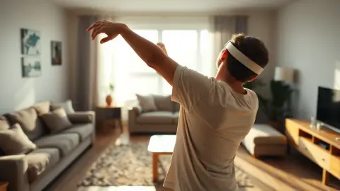 Person stretching their shoulders in a tidy living room before putting on a VR headset