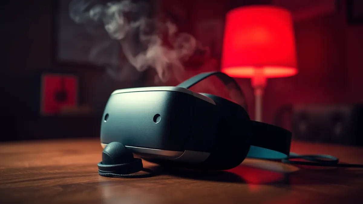 VR headset on a table beside over-ear headphones in red lamp light