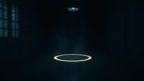 Faint glowing circle with a dot in the middle on a dark wooden floor