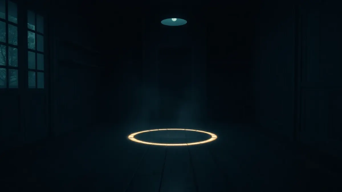 Faint glowing circle with a dot in the middle on a dark wooden floor