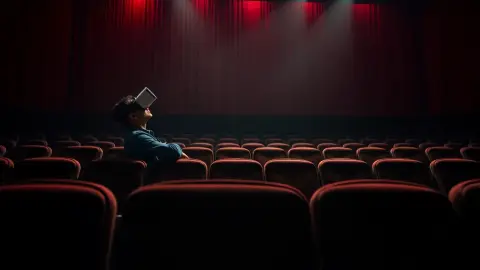 Person in a VR headset sitting among empty cinema seats in a projector beam
