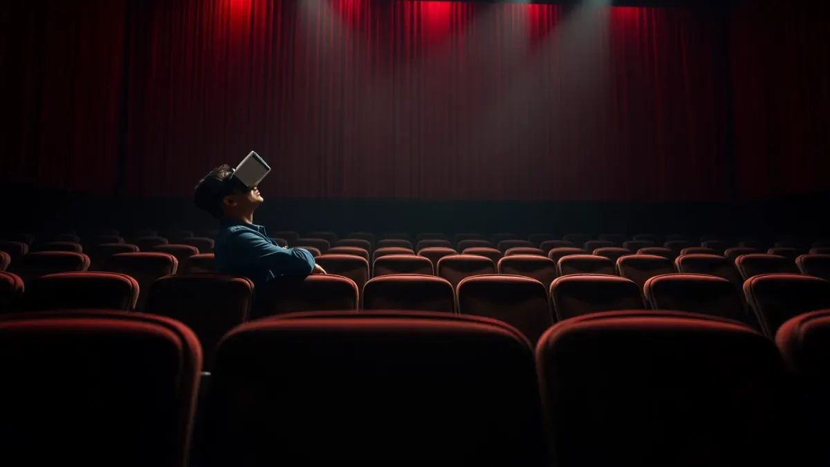 Person in a VR headset sitting among empty cinema seats in a projector beam