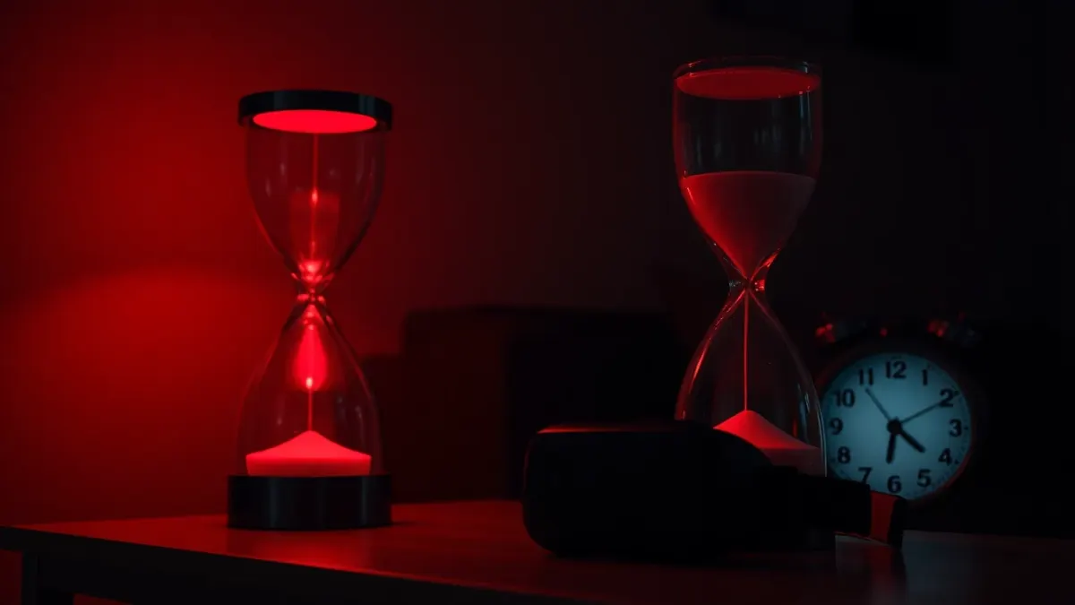 Lamp with red light beside a VR headset and a blurred clock in a dark living room