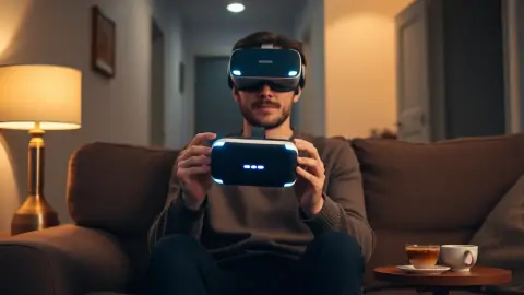 Person on a sofa holding a VR headset hesitantly with a lamp and tea nearby