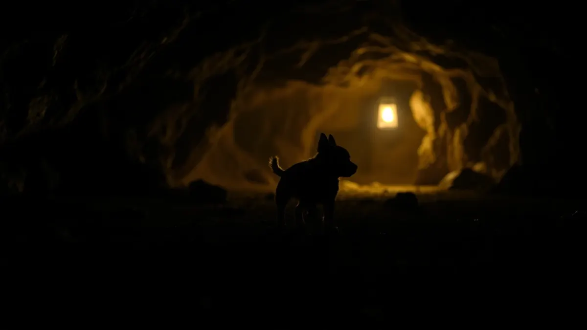 Small puppy silhouette trotting toward the dark entrance of a cave