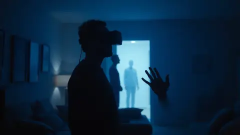 Person in a VR headset hesitating in a dark living room with a pale figure in the hallway behind