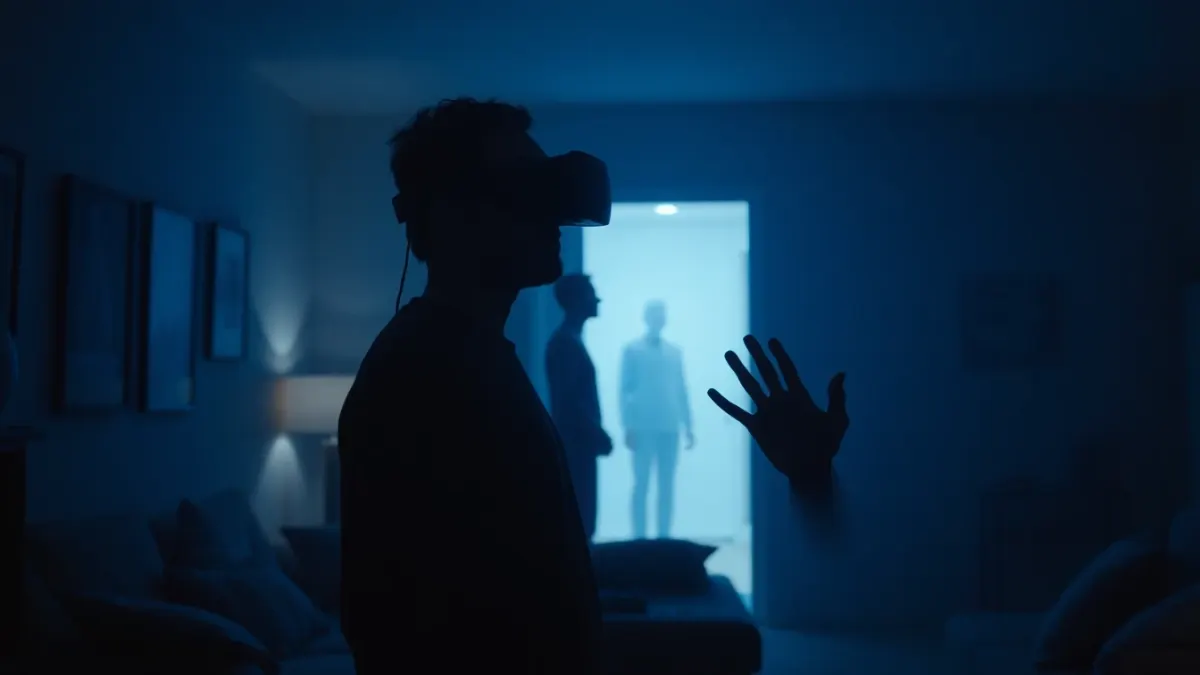 Person in a VR headset hesitating in a dark living room with a pale figure in the hallway behind