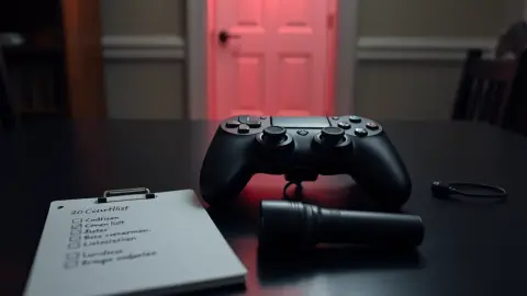 Notepad checklist beside a controller and flashlight on a dark table