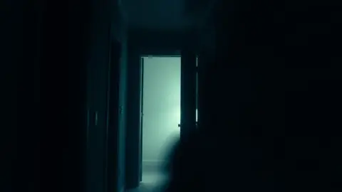 Startled person in a dark hallway as a pale face appears at the edge of a doorway