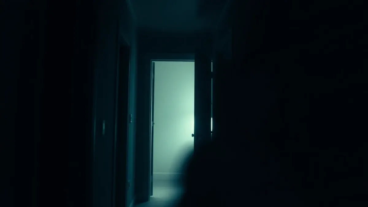 Startled person in a dark hallway as a pale face appears at the edge of a doorway