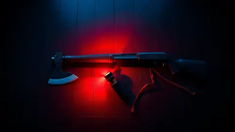 Axe, flashlight and shotgun laid side by side on a dark wooden floor