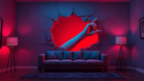 A huge arm breaking through the wall of a real-looking living room