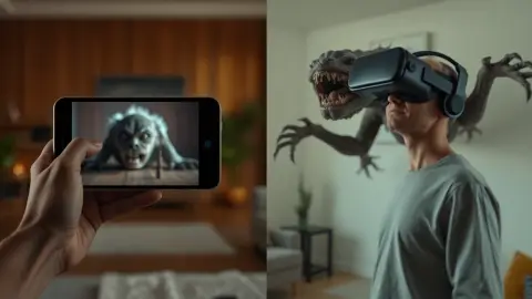 Split image of a phone showing an overlaid creature and a headset player facing a creature emerging from a wall