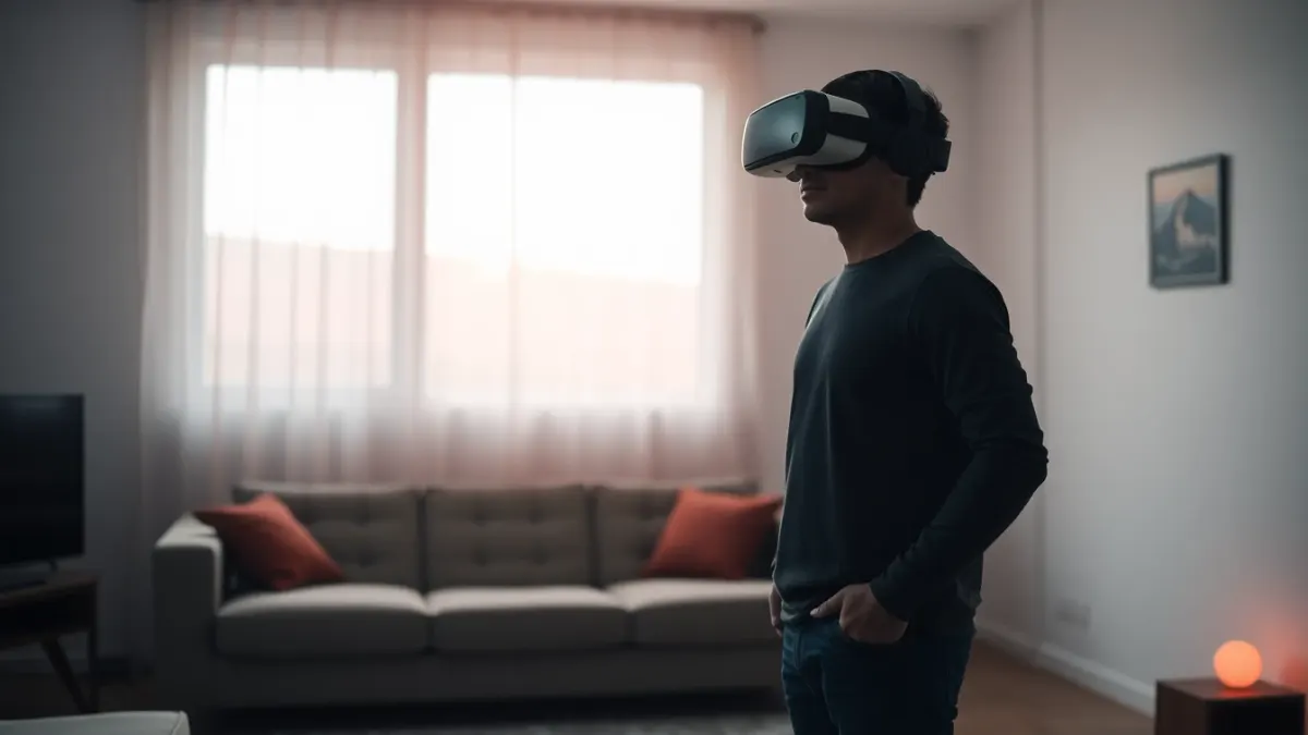 Person standing steadily in a living room wearing a VR headset