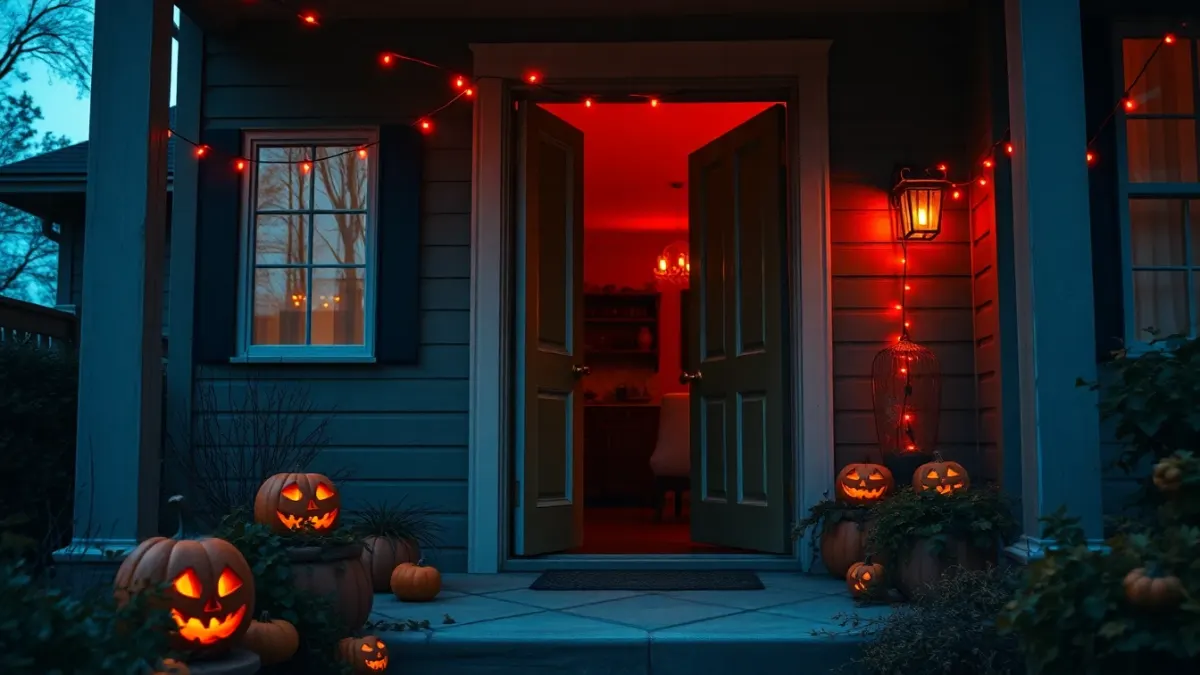 Autumn doorway with glowing carved pumpkins and a dim hallway with a faint red glow