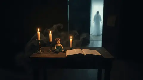 Candle-lit room with a vintage doll and mist while a faint silhouette stands in the doorway