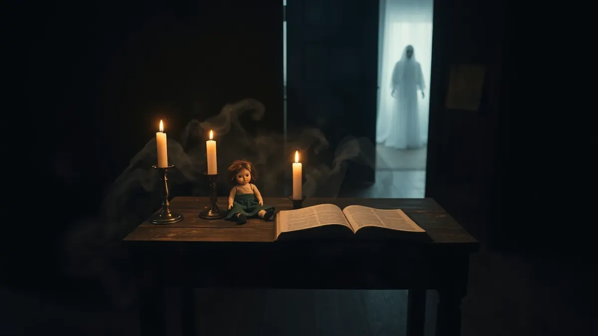 Candle-lit room with a vintage doll and mist while a faint silhouette stands in the doorway