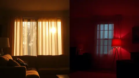 Same living room shown in afternoon sun and at midnight with a headset on the sofa