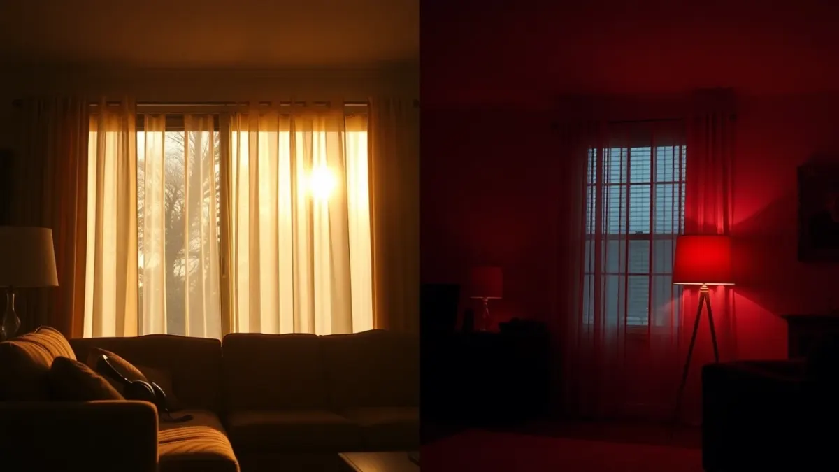 Same living room shown in afternoon sun and at midnight with a headset on the sofa